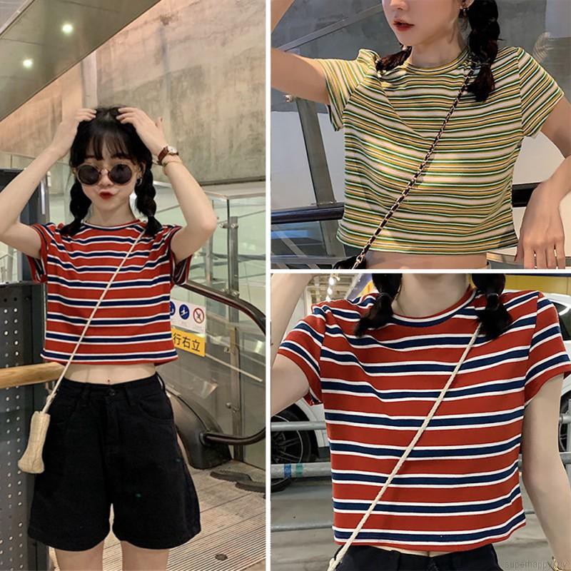 Áo thun tay ngắn hoạ tiết kẻ sọc cho nữ