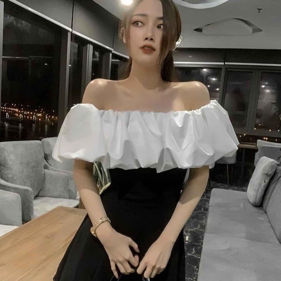 ĐẦM ANGELA TRỄ VAI PHỐI MÀU TRẮNG ĐEN - Váy Nữ Trễ Vai Bèo Trắng - ĐẦM ĐEN XOÈ BỆT VAI