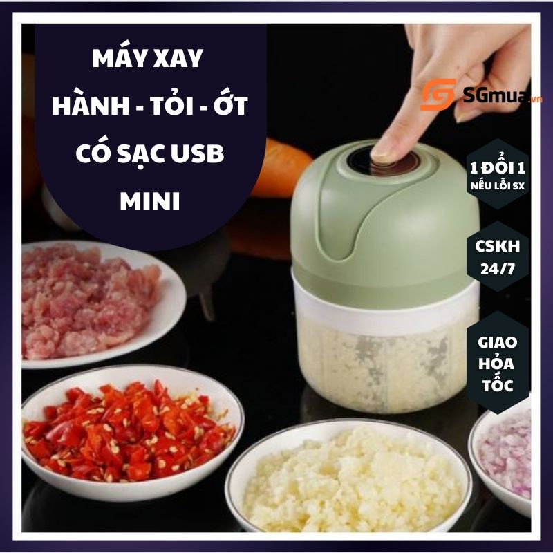 Máy xay hành tỏi ớt gia 3 lưỡi dao vị đa năng mini cầm tay mẫu mới có sạc USB nhỏ gọn tiện lợi an toàn