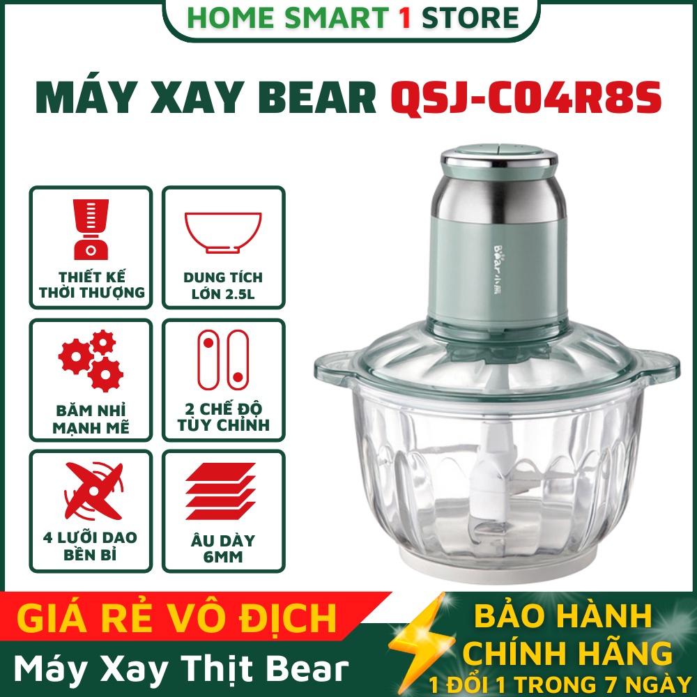 Máy xay thịt, xay rau củ quả , cối xay đa năng Bear QSJ-C04R8S dung tích 2L cối thuỷ tinh cao cấp chính hãng