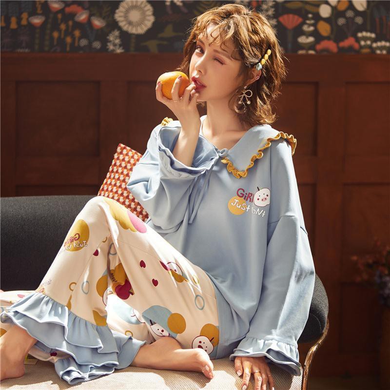 Bộ Ngủ Pyjama Nữ, Bộ Mặc Nhà Cotton Thu Đông Dễ Thương Cổ Búp Bê Cute Cưng Muốn Xỉu - Có sẵn
