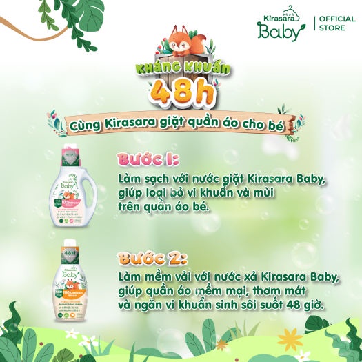 Nước giặt/xả Giảm Khuẩn Kirasara Baby Giúp bảo vệ quần áo của trẻ khỏi vi khuẩn, mùi hôi trong 48h - Herbaby
