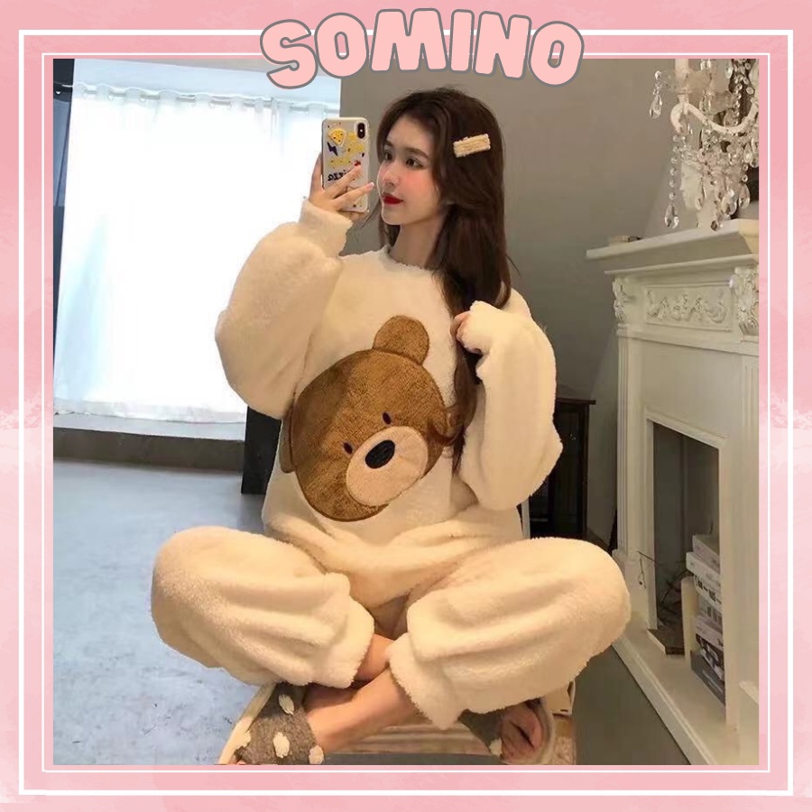 Bộ ngủ lông cute giữ nhiệt cực ấm, Bộ ngủ hoạ tiết mùa đông đáng yêu chất lông mềm nhẹ