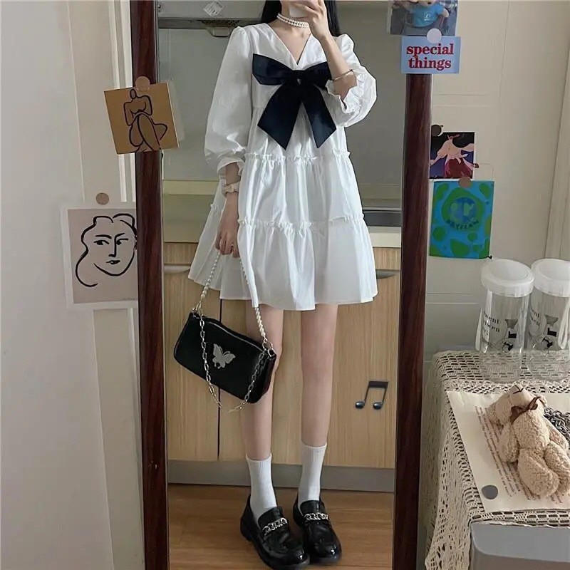 Đầm Babydoll Nơ Ngực 🦋 Váy Nữ Tay Bồng Phối Nơ Đen. MIALA6