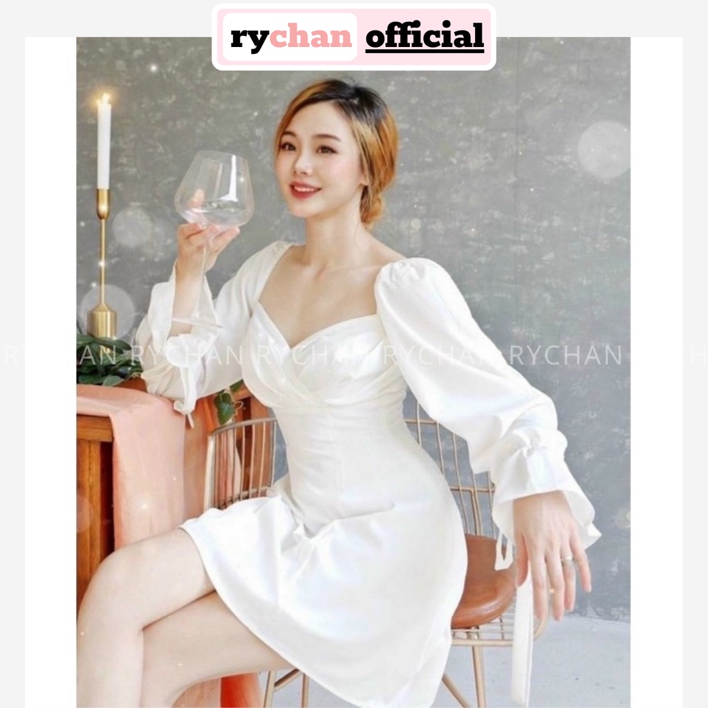 Đầm Váy Nữ Dự Tiệc Màu Trắng Dáng Ngắn Thanh Lịch Xếp Li Ngực Tay Dài Phồng Hot Trend [ẢNH THẬT CUỐI] - DX9909
