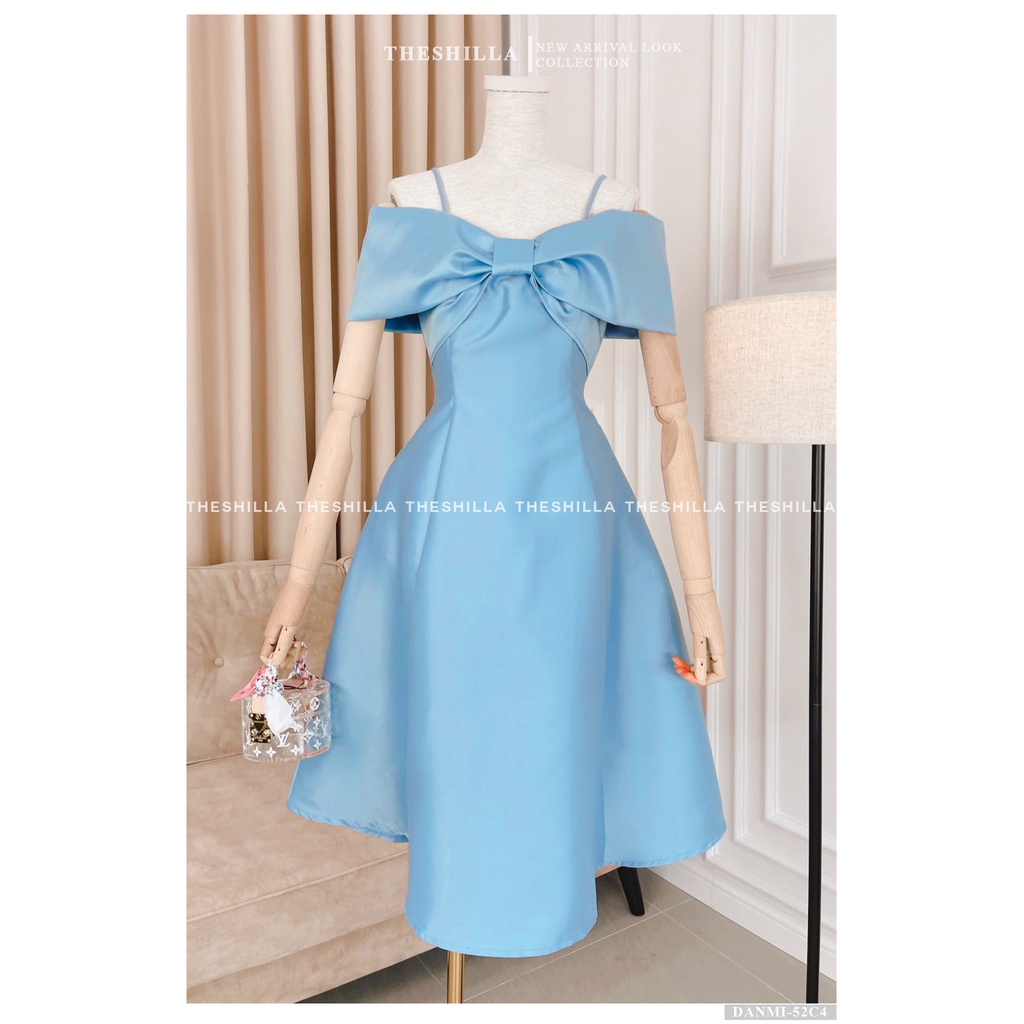 Váy thiết kế cao cấp màu xanh trể vai nơ có dây form xòe sang trọng  [ Có video + Ảnh thật ] The Shilla - Danmi-52C4