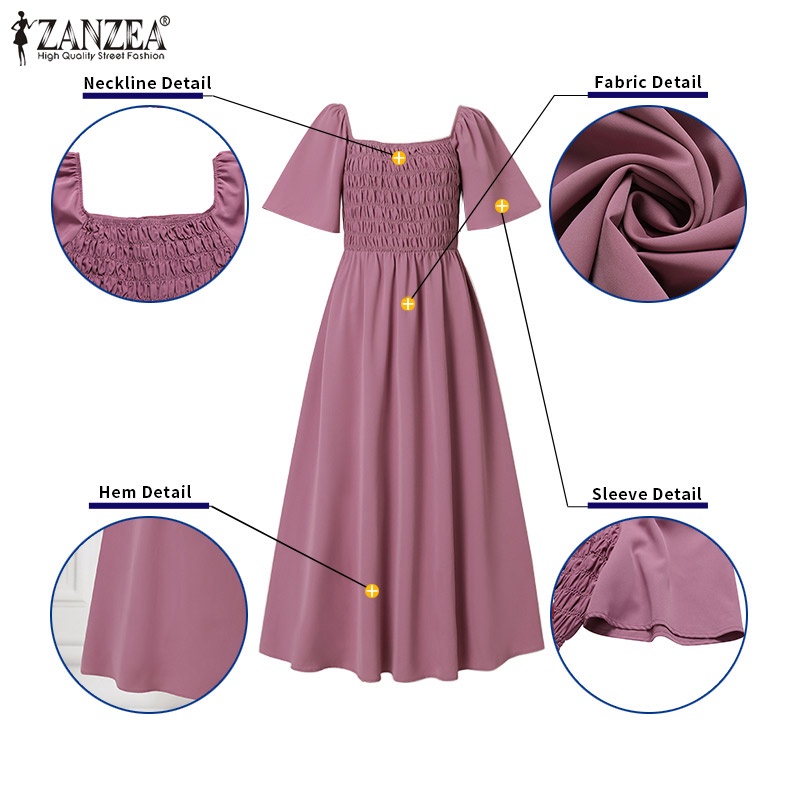 Zanzea Đầm Dài Cổ Vuông Tay Ngắn Phong Cách Hàn Quốc Tinh Tế Thời Trang Cho Nữ