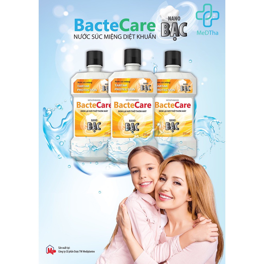 Nước súc miệng diệt khuẩn Nano Bạc BacteCare 250ml (Mediplantex) - Hơi thở thơm mát, diệt sạch vi khuẩn [Chính Hãng]