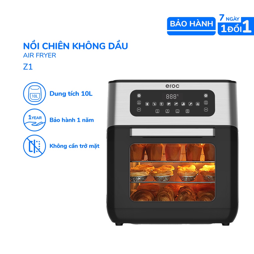 Nồi Chiên Không Dầu Kèm Chức Năng Nướng 10 Lít, Nút Bấm Cảm Ứng, Cửa Tháo Rời, Full Phụ Kiện Eroc V-Z1 Bảo Hành 12 Tháng