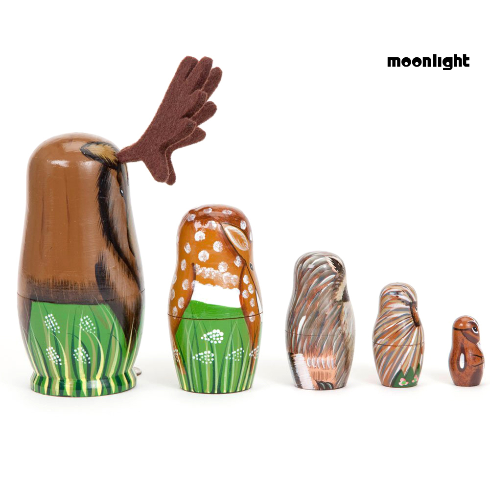 Set 5 Mô Hình Búp Bê Matryoshka Bằng Gỗ Vẽ Tay Hình Hươu