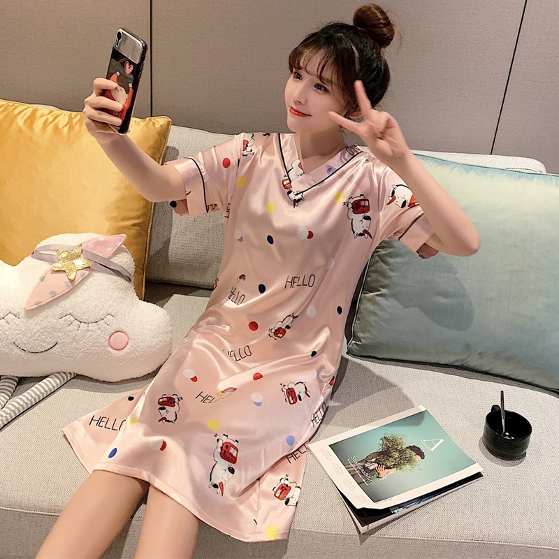 Đồ ngủ Lụa Satin Tay Ngắn Plus Size M-5XL Dành Cho Nữ