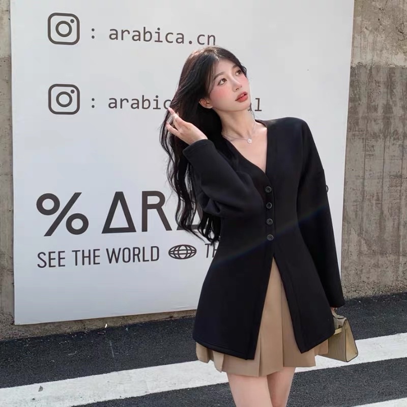 Áo cổ V tay dài dáng cardigan gài nút xẻ tà trước hàng taobao