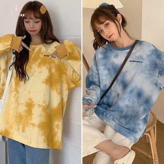 Áo Sweater Nữ Tay Dài Dáng Rộng Phối Màu Nhuộm Thời Trang