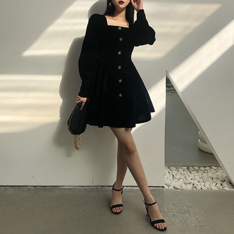 Đầm Nhung Đen Dài Tay Chiết Eo Size Lớn Thời Trang Thu Đông Cho Nữ