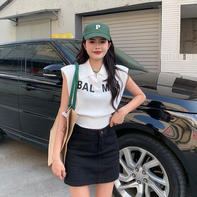 Áo Lửng Cổ Bẻ Không Tay Họa Tiết Kẻ Sọc Chữ Mới Thời Trang Mùa Hè Phong Cách Hàn Quốc Cho Nữ