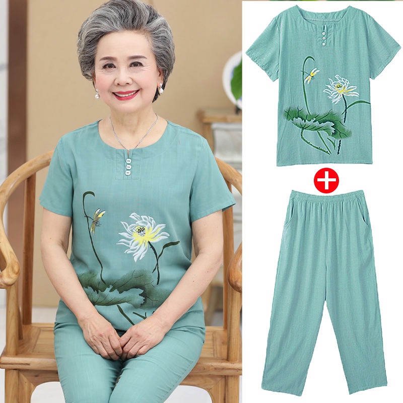 ✼✐✼Người già áo dài mùa hè vải lanh cotton thuần khiết nữ 60-70 tuổi mẹ vợ áo thun ngắn tay 80 bà đầm cotton lụa phù hợp