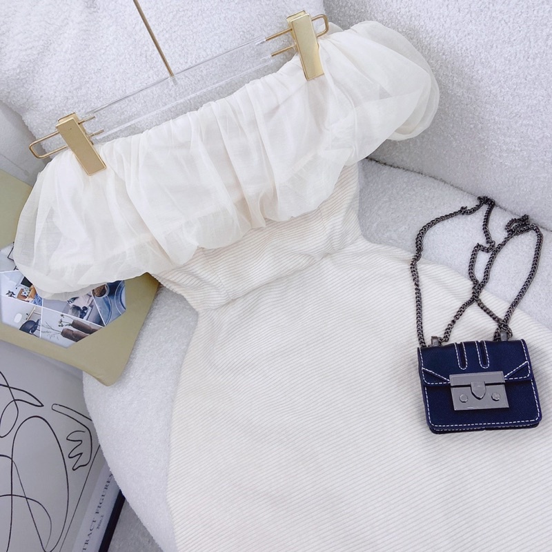 Đầm midi nude trễ vai phồng lên dáng sang chảnh kèm ảnh thật trải sàn