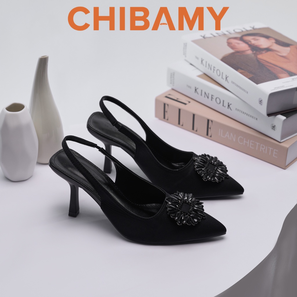 Giày cao gót nữ bít mũi ZR đính đá đen, giày gót nhọn CHIBAMY cao 8cm chất vải mềm
