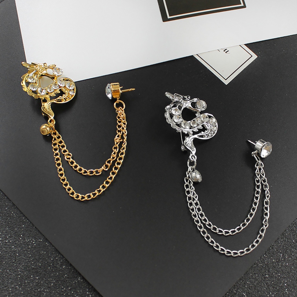 Ghim cài áo hình rồng đính kim cương giả phối dây xích thời trang Trung Hoa