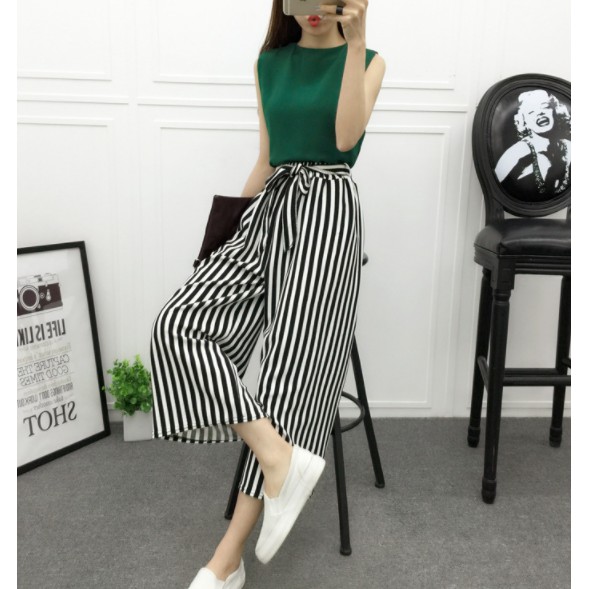 Quần ống loe Culottes kẻ sọc chất vải mềm thắt nơ eo