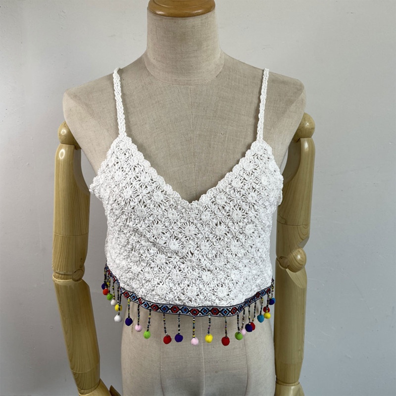 Brroa Áo Croptop Dệt Kim Hai Dây Cổ Chữ V Màu Trơn Họa Tiết Hoa Cúc Nhiều Màu Sắc Phong Cách Dân Tộc Cho Nữ