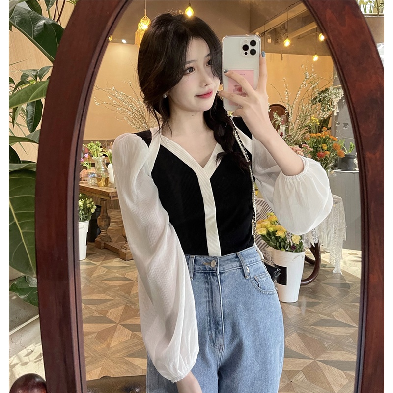 【ZHELIHANGFEI】Áo Chiffon Dệt Kim Tay Phồng Cổ Chữ V Hở Xương Quai Xanh Sang Trọng