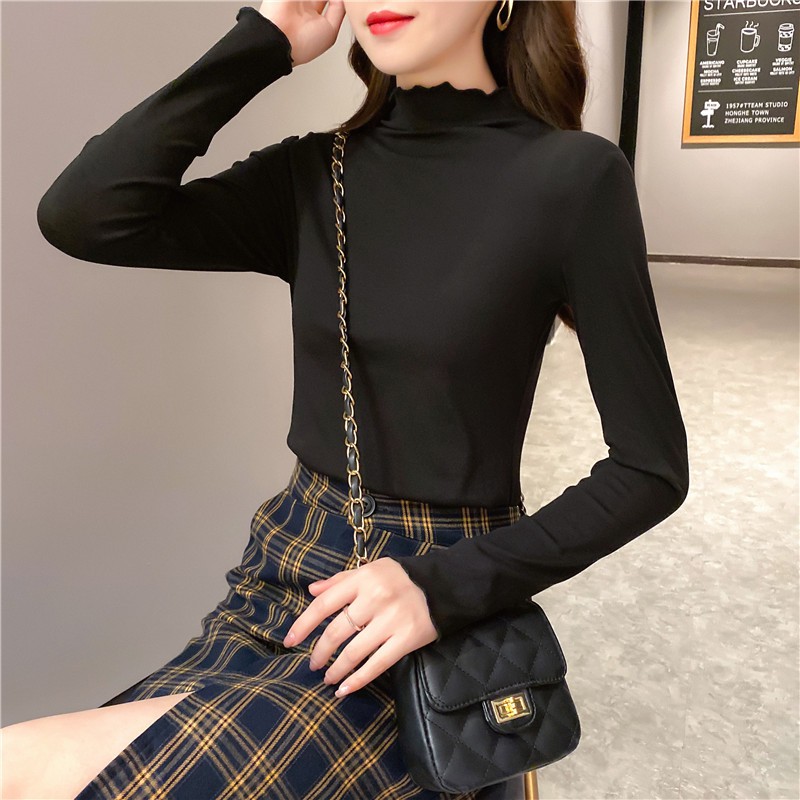 ▤◘♂Áo sơ mi nữ thu đông mới năm 2020 thun dài tay bó sát bên trong cổ tròn nửa cao trên phối màu đen trắng ་