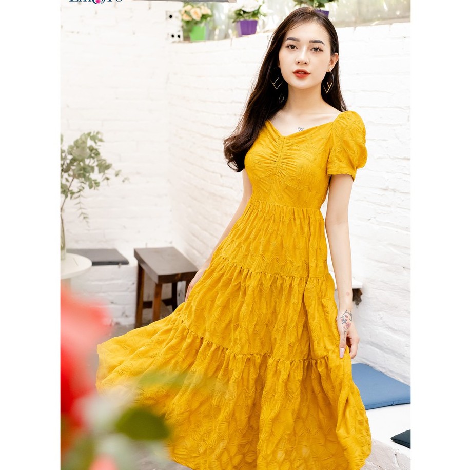 Đầm xòe cổ vuông, chun vai , bèo tầng Emspo DS4062