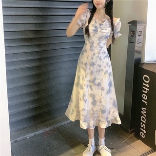 Đầm Dài Cổ Vuông Nhuộm Màu Ngọt Ngào Phong Cách Retro Pháp Thời Trang Mùa Hè Cho Nữ