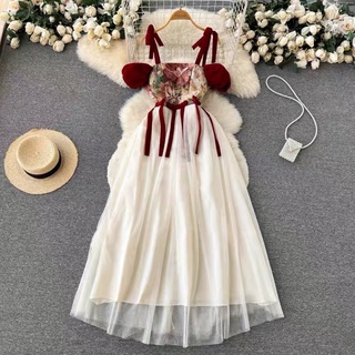 Đầm tiểu thư dây hoạ tiết phối gấm và ren lưới đủ size
