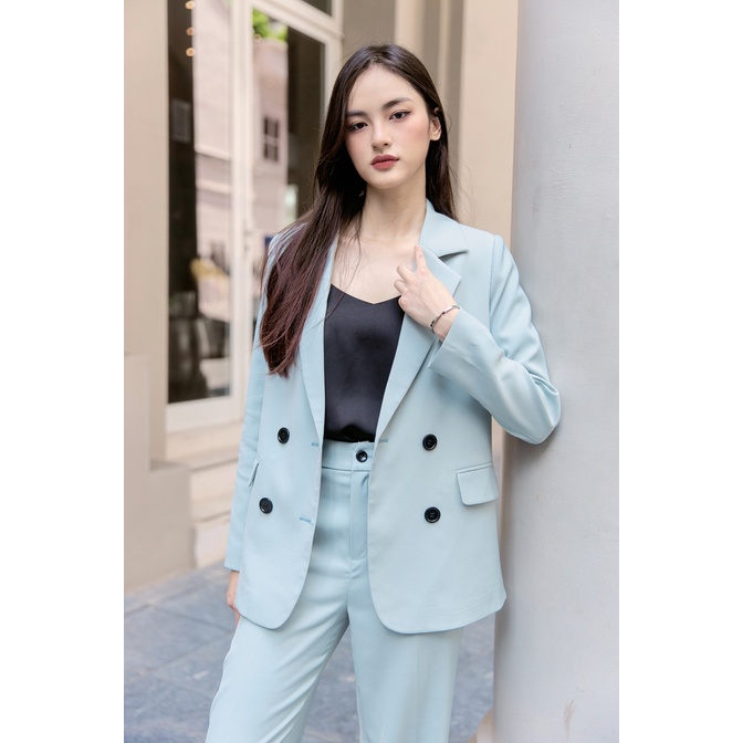 Áo Blazer nữ 2 lớp phom suông vạt tròn màu xanh mint Stella - Maiimer