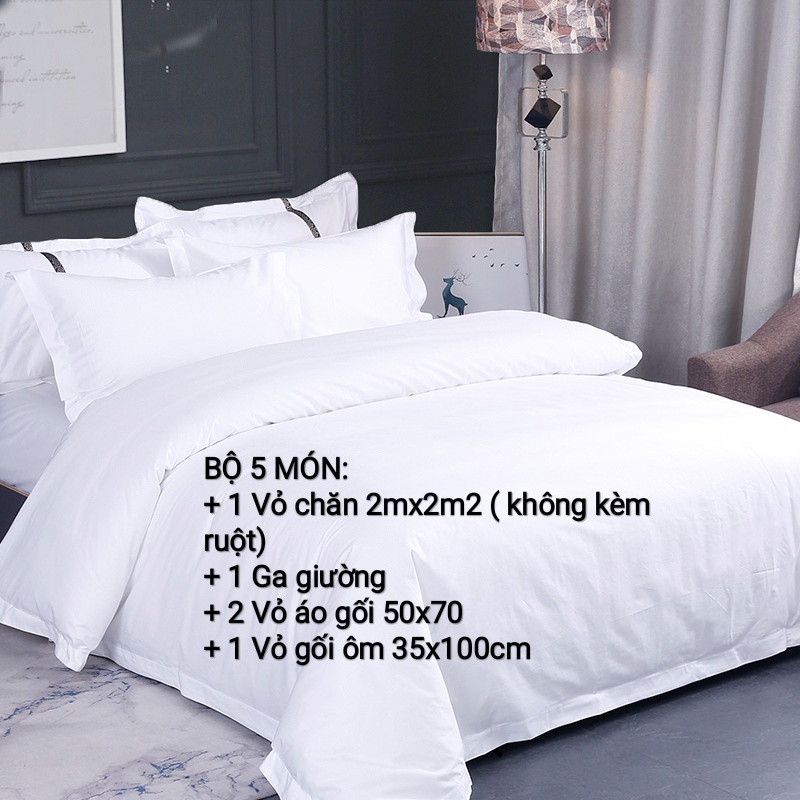 Bộ chăn ga gối cotton, drap giường màu trắng khách sạn, vải cao cấp 100%, không xù lông