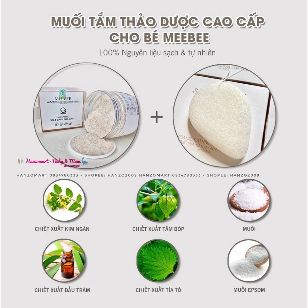 Muối tắm thảo dược Meebee cho bé Tặng kèm bông tắm siêu tiện lợi cho trẻ sơ sinh