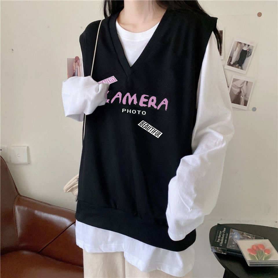 Áo Gile Jacket Women's Fashion Student Loose Korean V-neck Vest Women's Sleeveless Sweater Vest