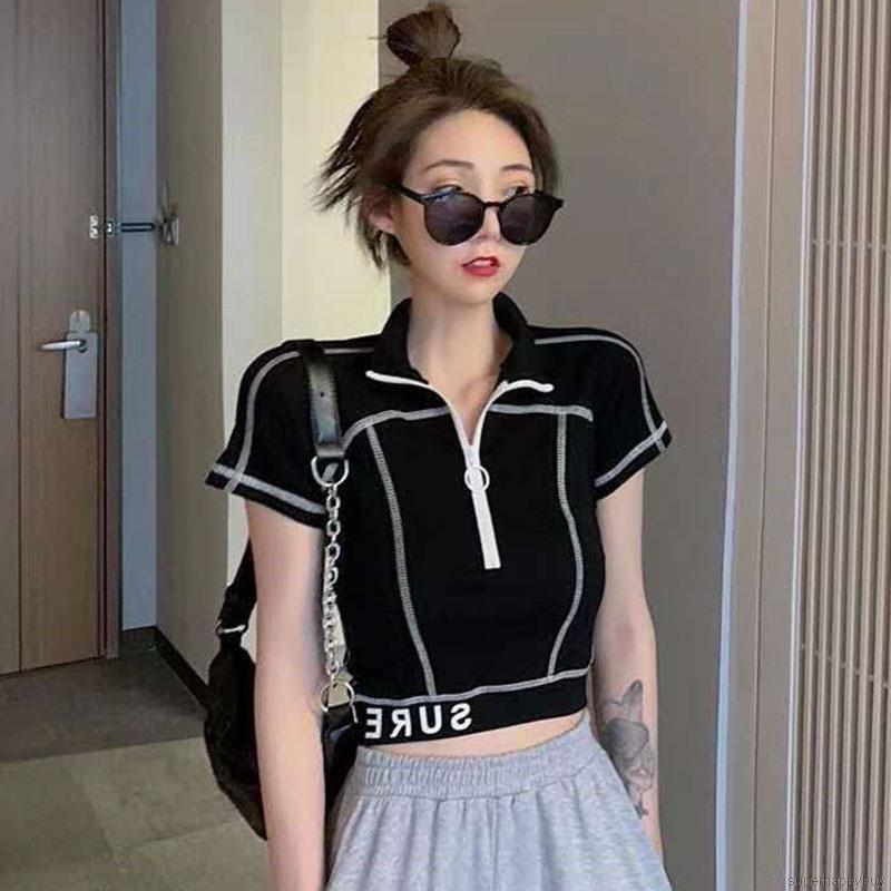 Áo Thun Ngắn Tay Phối Khóa Kéo Phong Cách Hong Kong