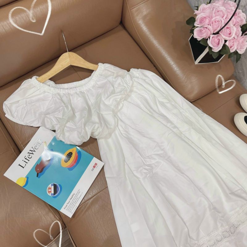 set áo bẹt vai + chân váy xòe midi trắng