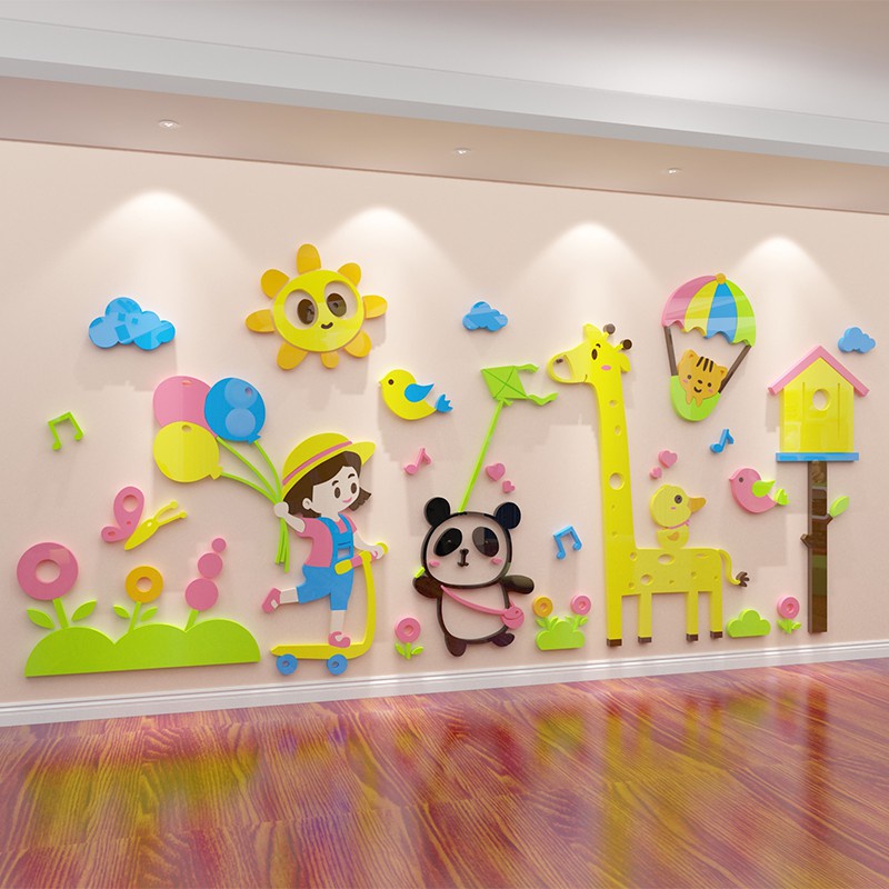 Tranh dán tường mica 3d decor khổ lớn cô bé cùng gấu trúc chơi thả diều trang trí mầm non Nhiều Size - EPeBen