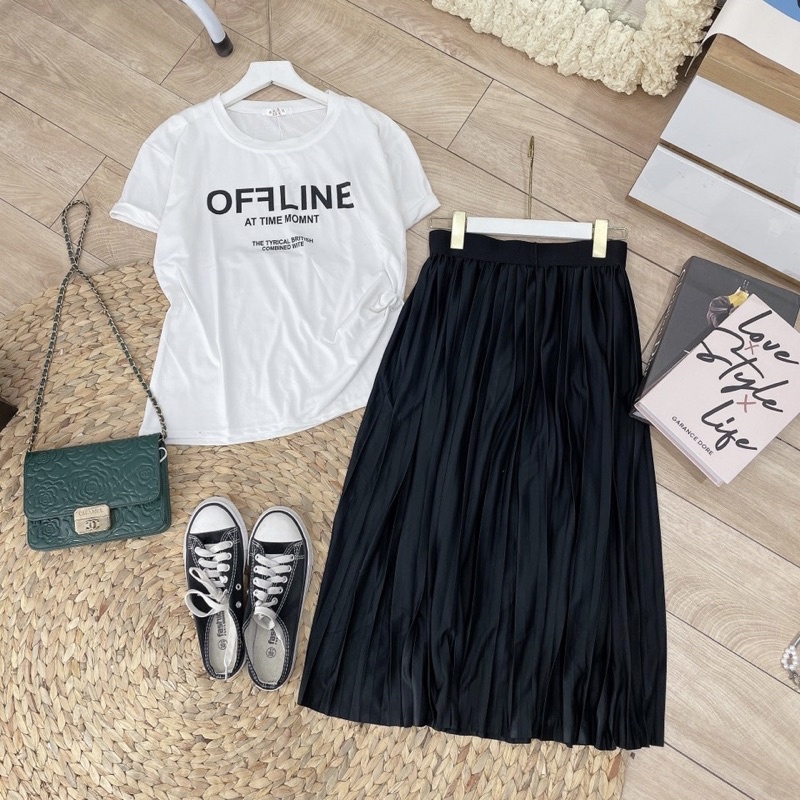 Set bộ áo phông OFF mix chân váy dập li xếp ly Áo cotton trắng váy midi dài đen