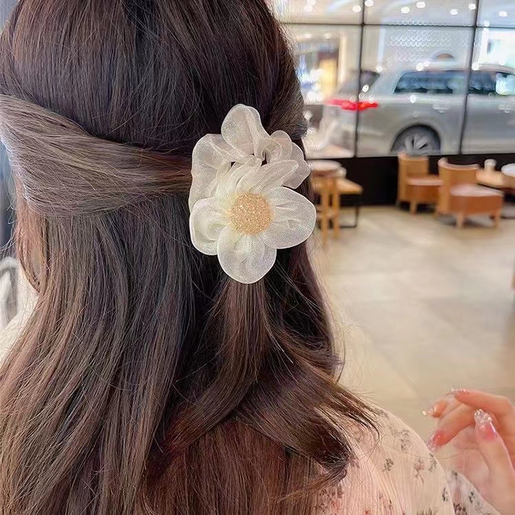 Dây Cột Tóc Lưới Họa Tiết Hoa Hướng Dương Sáng Bóng Phong Cách Hàn Quốc Thời Trang Cho Nữ