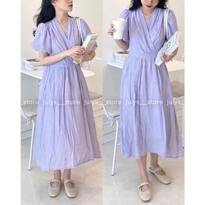 Đầm tơ dáng dài cổ V tay bồng vạt lệch ngực thanh lịch