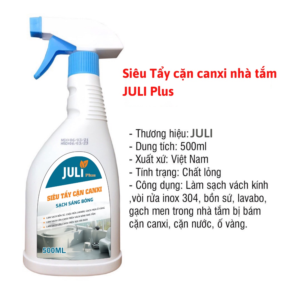 Tẩy cặn canxi nhà tắm Juli Plus, Tẩy rửa nhà vệ sinh vách kính chậu vòi INOX bếp ga. Chai 500ML