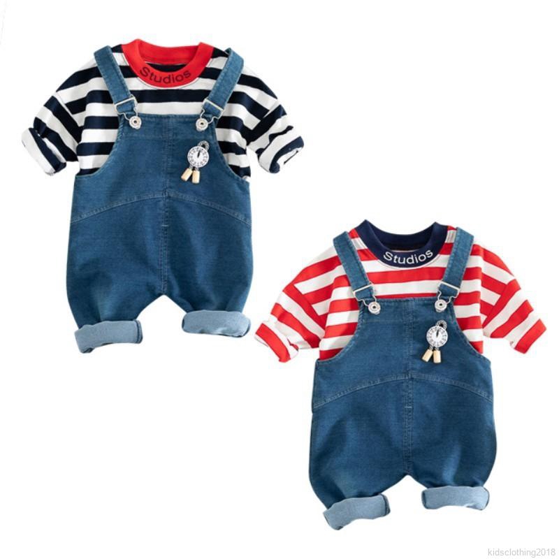 Set áo thun dài tay cổ tròn + quần yếm jeans dạng yếm thời trang cho bé trai