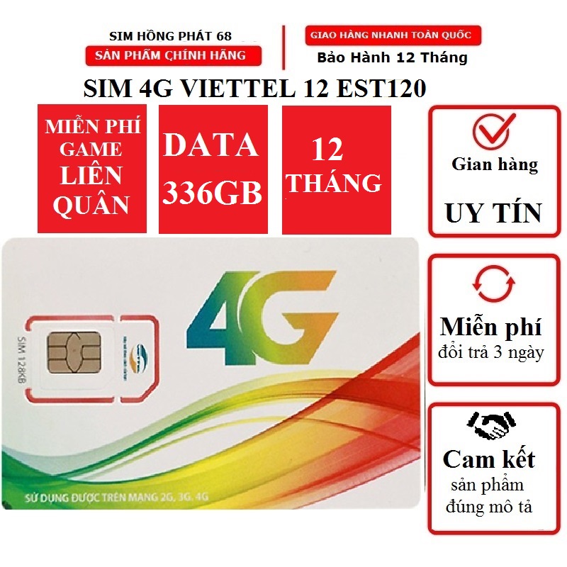 sim viettel 4G 12EST120 trọn gói 1 năm không cần nạp tiền miễn phí chơi game liên quân,game online,game liên quân