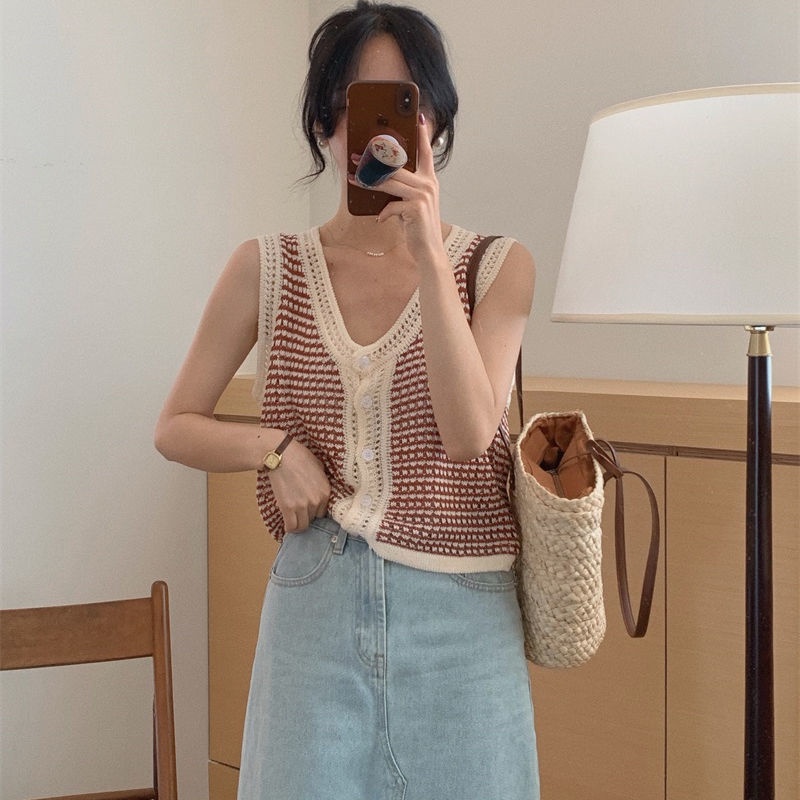 Áo Len Không Tay Màu Sắc Tương Phản Phong Cách Hàn Quốc 185296 Áo Không Tay Cổ Điển Houndstooth