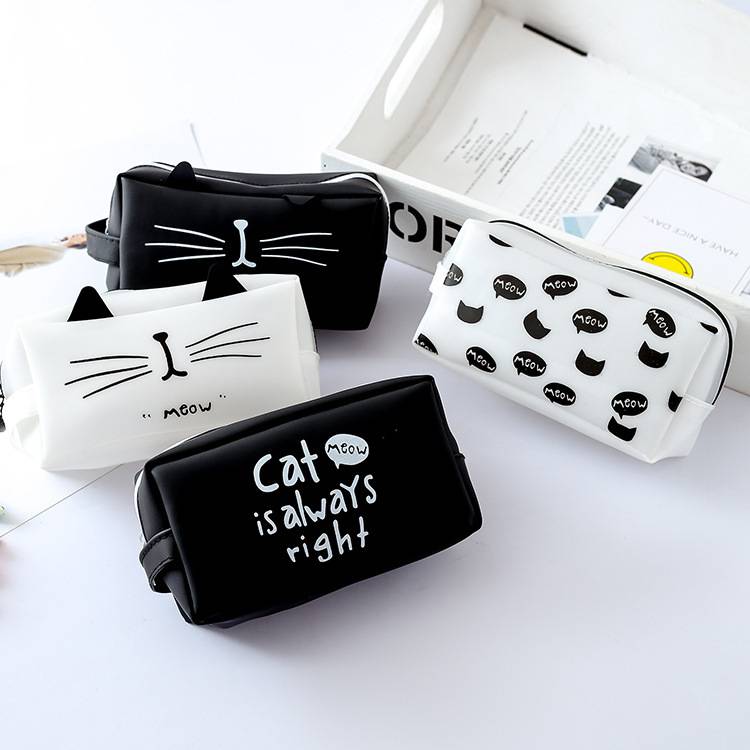 Hộp bút hình mèo đen trắng cỡ to - Túi đựng mỹ phẩm, Bóp viết silicon dẻo QUTI HBN32