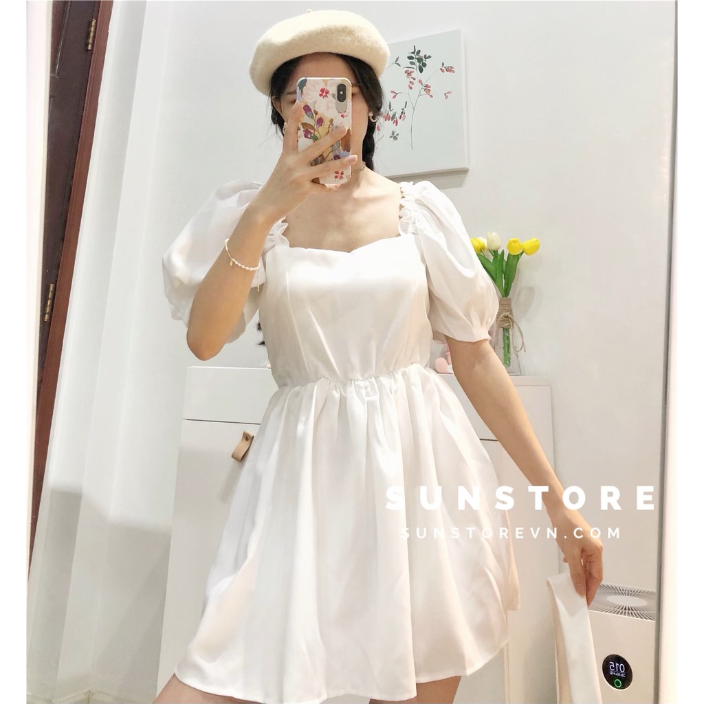 Đầm dự tiệc dáng ngắn mini váy xoè tay bồng trắng tay phồng vai bèo