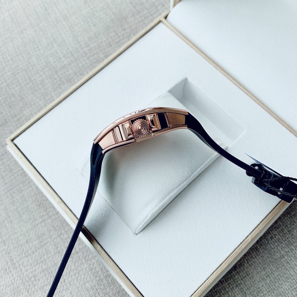 Đồng Hồ Huboler Hanboro Nữ Dây Da Silicon Đen Mặt Sắc Màu Rose Gold Authentic 31x42mm