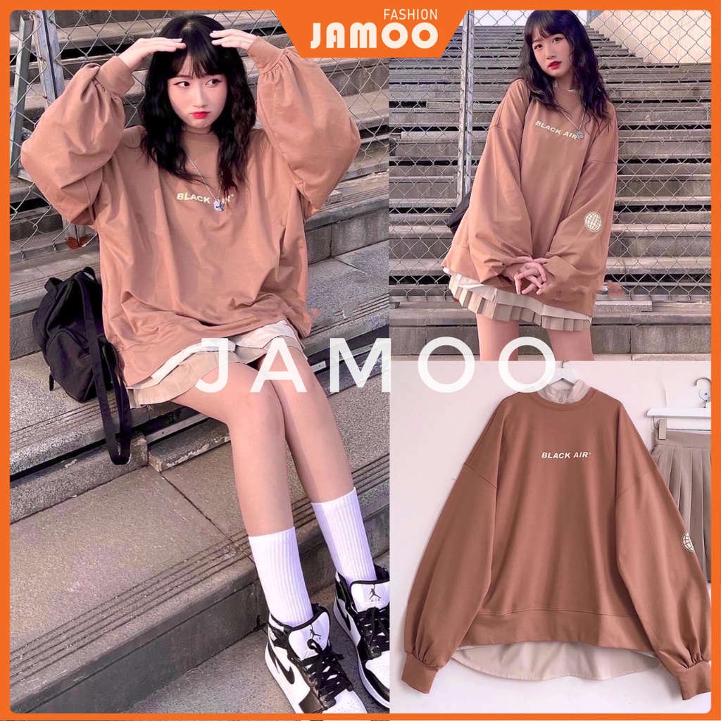 [Ảnh thật/Video]Áo hoodie nỉ bông tông màu nâu tây -  Áo sweter basic dáng rộng Hàn Quốc JAMOO