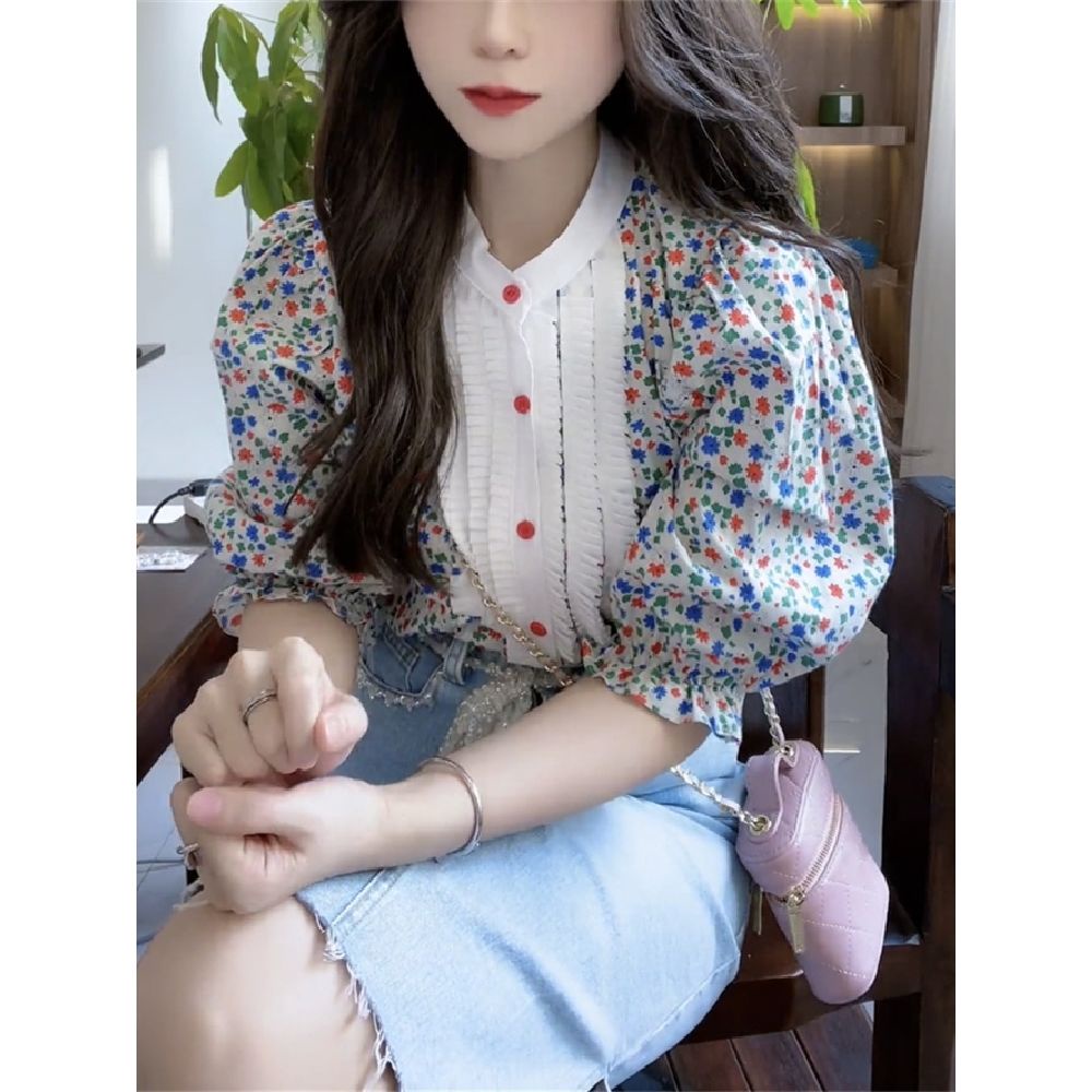 Áo Sơ Mi Hoa Tay Phồng Dáng Rộng Thiết Kế Mới Trẻ Trung Cho Nữ