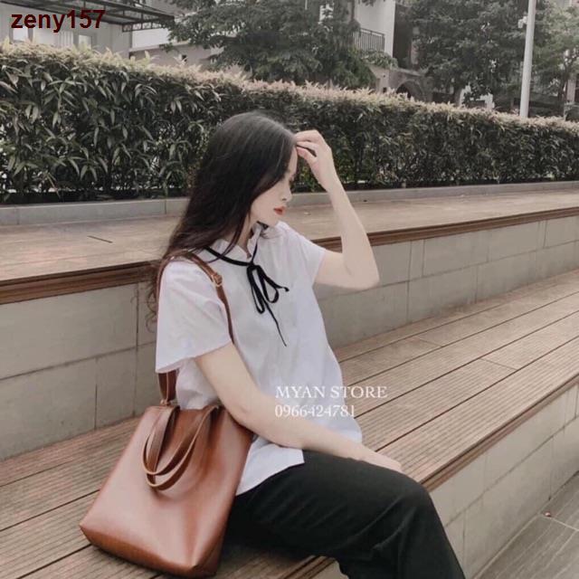 miu-miu✾✲Áo sơ mi cổ tàu cộc tay kèm dây nơ đen